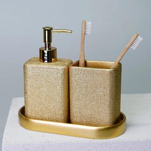Leinen Badezimmer Zubehör Sets in Seifenspender, Zahnbürstenhalter, Tablett