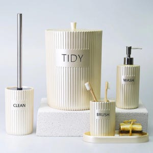 Grooved Bathroom Set / Luxury Bathroom Accessory Set with Trash can, Toilet brush, Soap Dispenser, Toothbrush Holder, Tray / Pearl Color