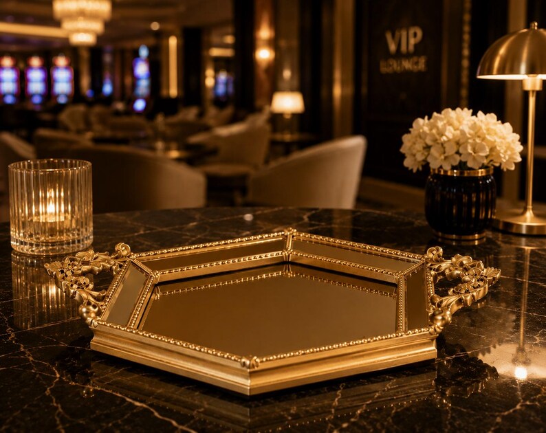 May include: A gold-colored, hexagonal mirrored tray with ornate handles sits on a dark marble table. A candle in a ribbed glass holder and a vase of white flowers are also on the table. The background shows a VIP lounge.
