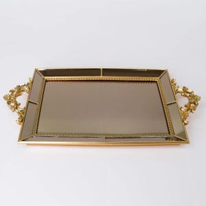 Gold Mirrored Vanity Tray: Ornate Handle Resin Decor (10x20 in)