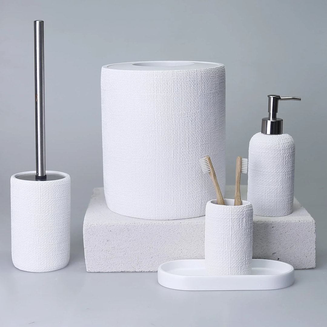 Natural 5 Pieces Bathroom Set in White Color With Waste Bin, Toilet ...