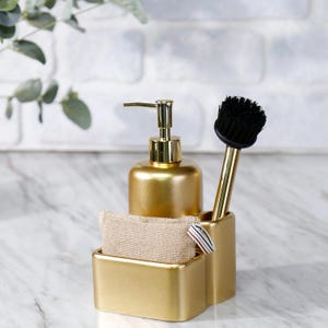 Leonis Soap Dispenser and Sponge Holder with Brush in Gold Color