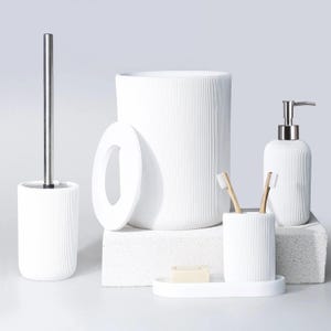 Lydia 5 Pieces Bathroom Set in White Color with Dustbin, Toilet Brush, Soap Dispenser, Toothbrush Holder, Tray