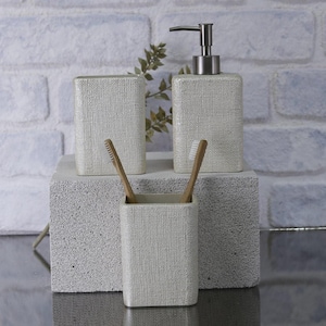 Juego de baño de lino color perla / Dispensador de jabón, portacepillos