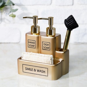 Gold Soap Dispenser Set With Sponge Holder - Ceramic Kitchen Organizer With Drying Tray, Gold & White