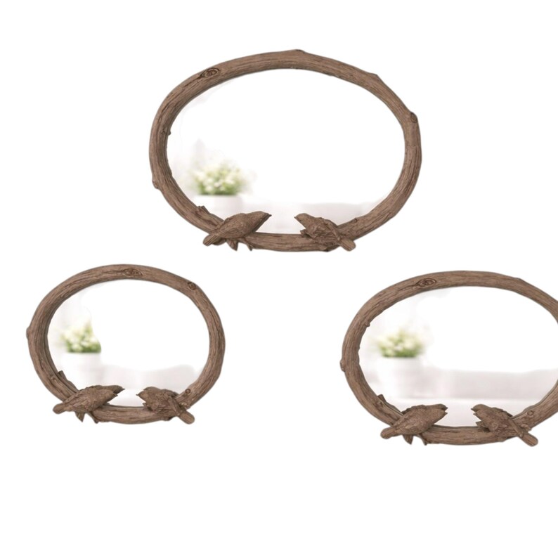 Lustra owalne w kolorze srebrnym w ramce Branch Frame Bird, zestaw 3 sztuk Taupe