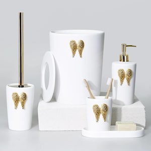 Wings Collection 5 Piece Luxury Bathroom Accessories Set in White and Gold Colors