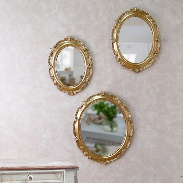 Sarah Mirrors / Set of 3 Wall Mirrors in Gold Color / Mirrors with Resin Finish are sturdy, Lightweight, and Durable