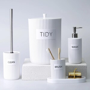 Grooved White Color Bathroom Accessory Sets With Trash Can, Toilet ...