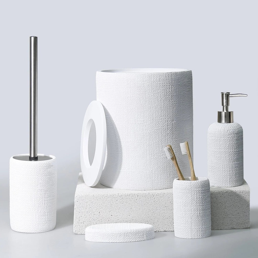 Natural 5 Pieces Bathroom Set in White Color With Dustbin, Toilet Brush ...