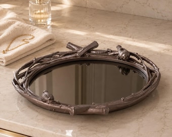 Taupe Bird and Branch Mirrored Tray: Resin Frame, Nature Decor