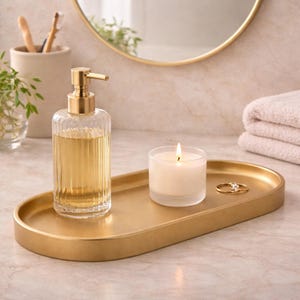 Gold Resin Oval Tray – Decorative Vanity Tray | Bathroom & Makeup Organizer | Modern Home Decor