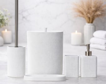 White Resin Bathroom Accessories Set, Linen Texture Vanity Organizer, Modern Decor