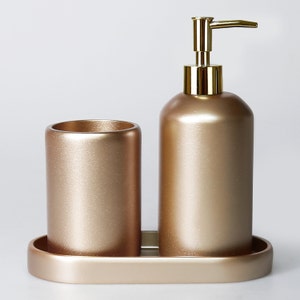 Set de salle de bain lisse taupe / distributeur de savon, porte-brosse à dents, plateau de salle de bain