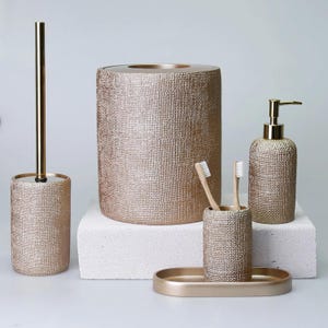 Natural Collection Taupe Luxury Bathroom Accessories Set – 5 Piece (Trash Can, Toilet Brush, Soap Dispenser, Toothbrush Holder, Tray)