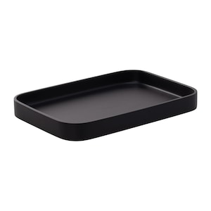 May include: A rectangular tray with a matte black finish, featuring rounded corners and raised edges. The tray has a smooth, solid surface and a deep basin, designed with a clean, simple structure for holding various small items on a flat surface.