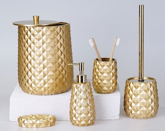 Pyramid Bathroom Set in Gold Color / Trash Can, Toilet Brush, Soap Dispenser, Toothbrush Holder, Soap Tray