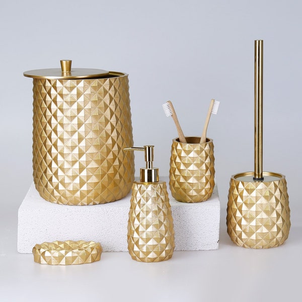 Pyramid Bathroom Set in Gold Color / Trash Can, Toilet Brush, Soap Dispenser, Toothbrush Holder, Soap Tray