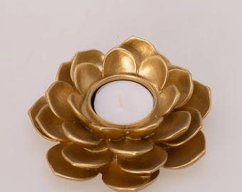 Handmade Gold Lotus Flower Tealight Candle Holder: Resin Centerpiece