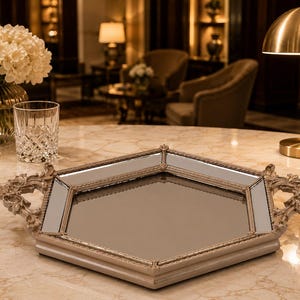 May include: A decorative, mirrored tray with a light beige frame and ornate handles. The tray has a geometric shape and is placed on a marble surface. A vase of white flowers, a glass, and a gold lamp are also visible.