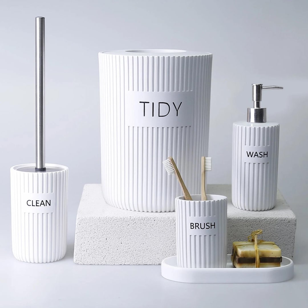 Grooved White Color Bathroom Accessory Sets With Trash Can, Toilet ...