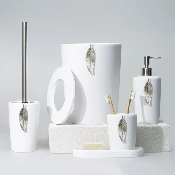 Leaf 5 Pieces Bathroom Set in White and Silver Color / Dustbin, Toilet Brush,  Liquid Soap Dispenser, Toothbrush Holder, Soap Tray 