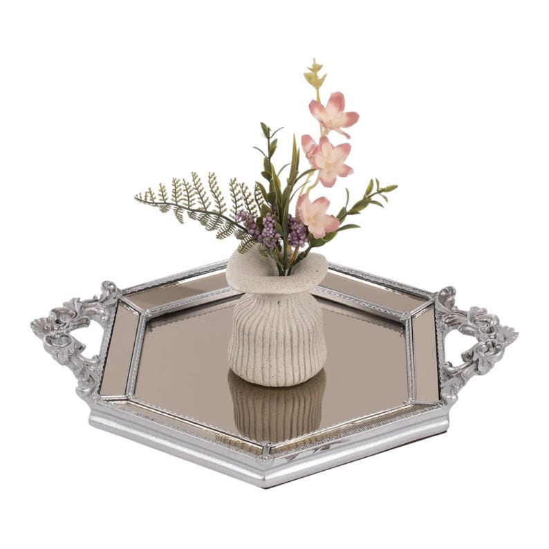 Gold Hexagonal Mirrored Tray: Vintage Style Ornate Handle Vanity Tray image 6