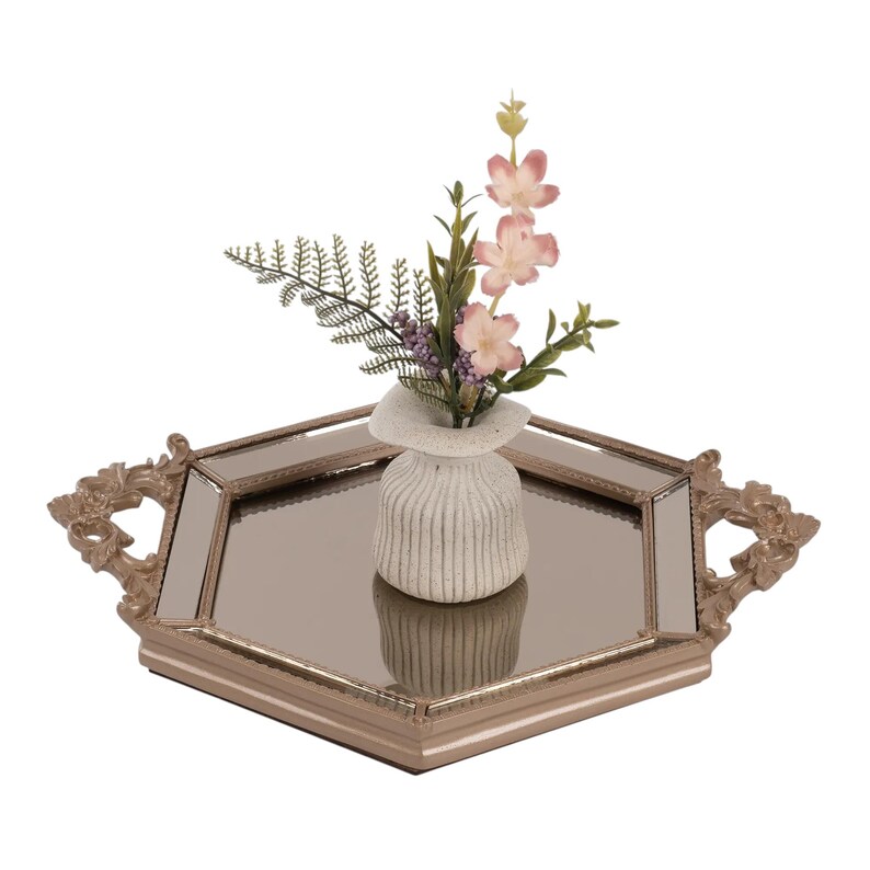 Gold Hexagonal Mirrored Tray: Vintage Style Ornate Handle Vanity Tray image 12