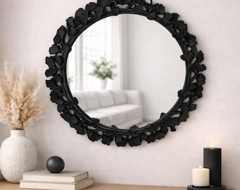 Clove Collection svart rund väggspegel i harts, dekorativ accent i murgröna, heminredning i vintagestil