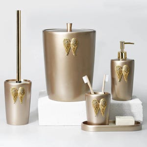 Wings Luxury Bathroom Accessories Set in Taupe and Gold Colors / Trash Can, Toilet Brush, Soap Dispenser, Toothbrush Holder, Tray