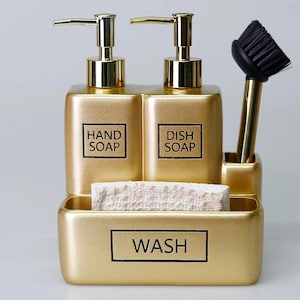 Liberty Modern Double Soap Dispenser Set / Hand Soap, Dish Soap, Sponge & Brush Holder for Kitchen or Bathroom Sink / Gold or Other Colors