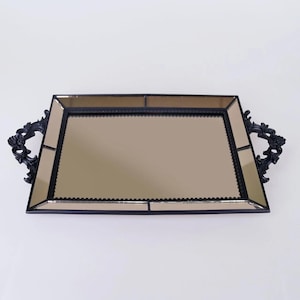 Julia Luxury Black Mirrored Tray: Ornate Handle Vanity Decor