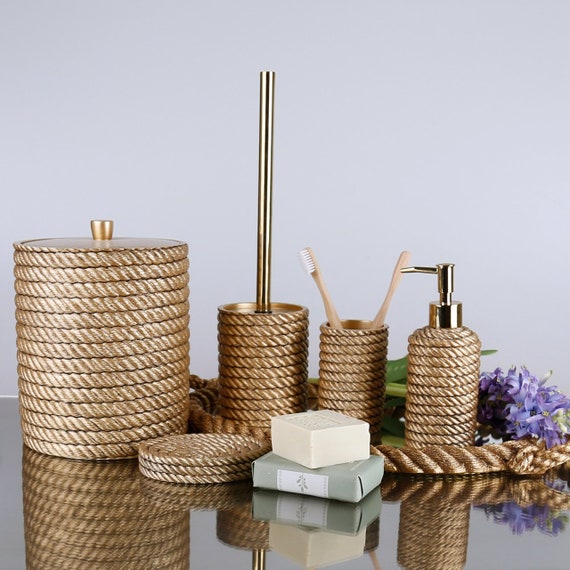 Rope 5 Pieces Bathroom Sets With Trash Can, Toilet Brush, Liquid Soap  Dispenser, Toothbrush Holder, Soap Tray / Unique Design for Your Home 