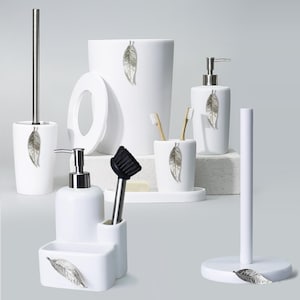 Leaf Bathroom Accessories Set: White Resin with Silver Accents