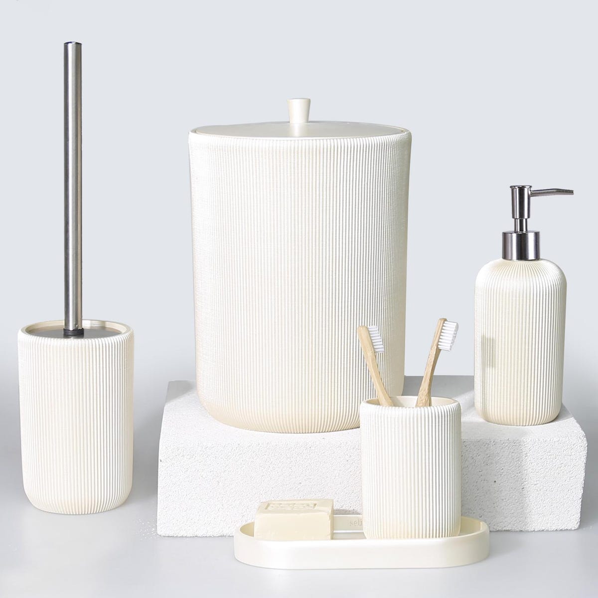 Lydia 5 Pieces Bathroom Accessories Sets in Pearl Color With Dustbin, Toilet Brush, Soap Dispenser, Toothbrush Holder, Tray - Etsy