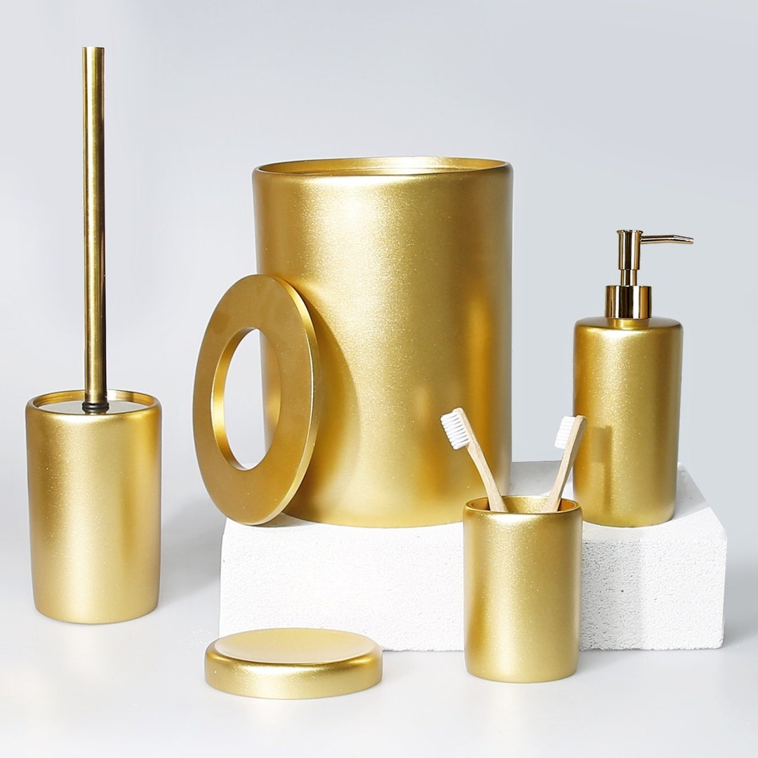 Victoria Bathroom Set in Gold Color / Dustbin, Toilet Brush, Soap Dish ...