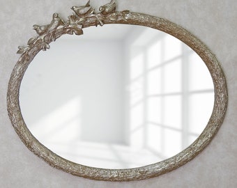 26 Inche Bird large oval wall mirror with gold, silver, pearl and taupe colors / Mirror that can be used vertically or horizontally