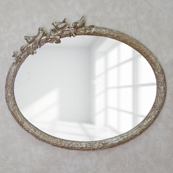 26 Inche Bird large oval wall mirror with gold, silver, pearl and taupe colors / Mirror that can be used vertically or horizontally