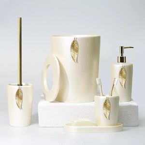 Leaf Bathroom Accessories Set in Pearl, Gold Colors / Bathroom Set with Trash Can, Toilet Brush, Soap Dispenser, Toothbrush Holder, Tray