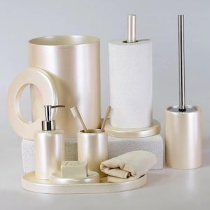 Victoria 7 Pcs. Bathroom Set in Pearl Color / Dustbin, Toilet Brush, Tray, Paper Towel Holder, Soap Dispenser, Toothbrush Holder, Soap Tray