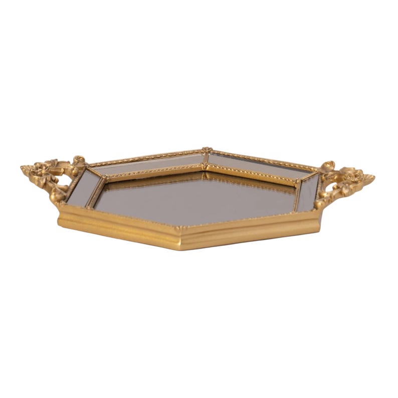 Gold Hexagonal Mirrored Tray: Vintage Style Ornate Handle Vanity Tray image 2