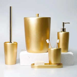 Conical Luxury Gold Bathroom Accessories Set / 5 Pieces Bath Set with Trash Bin, Toilet Brush, Soap Dispenser, Toothbrush Holder, Tray