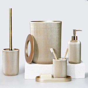 Lydia 5 Pieces Bathroom Set in Taupe Color with Dustbin, Toilet Brush, Soap Dispenser, Toothbrush Holder, Tray