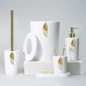 Leaf Bathroom Accessories Set in White, Gold Colors / Bathroom Set with Trash Can, Toilet Brush, Soap Dispenser, Toothbrush Holder, Tray