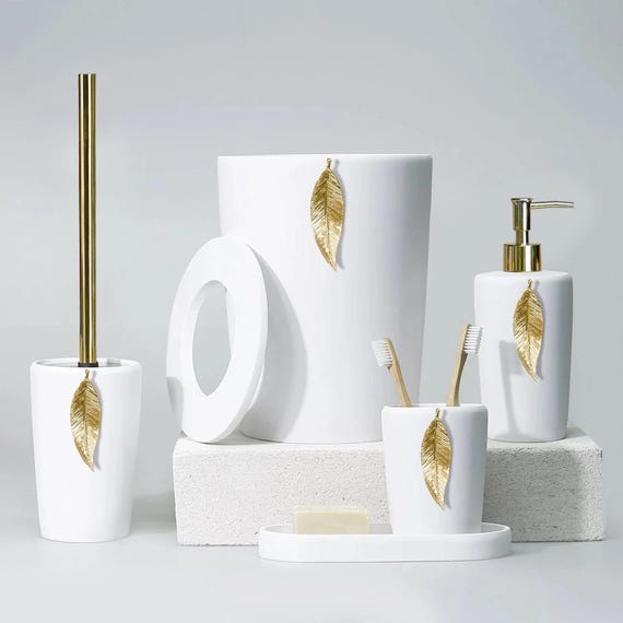 Leaf Bathroom Accessories Set in White, Gold Colors Leaf Bathroom Accessories Set in White, Gold Colors