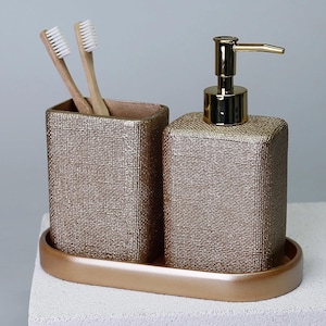 Linen Bathroom Accessories Sets in Soap Dispenser, Toothbrush Holder, Tray