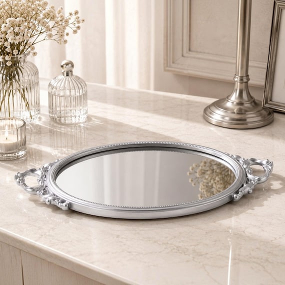 Spiegeltablett in silber: Dekoratives Tablett 25 x 50 cm