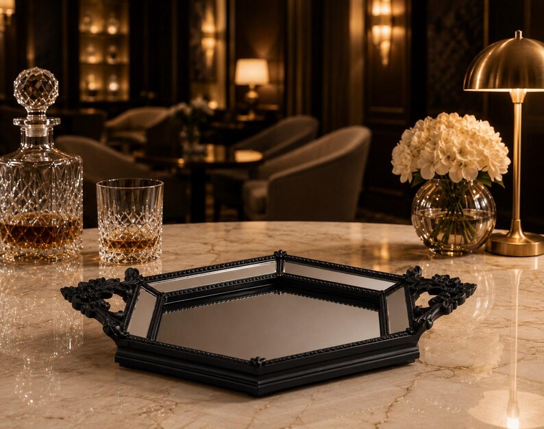 May include: A black decorative tray with a mirrored surface and ornate handles sits on a marble table. A crystal decanter and glass with amber liquid are to the left, and a vase of white flowers is to the right.
