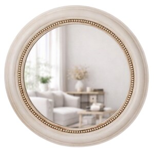 Espelho de parede redondo em resina com detalhes em vison e contas: Espelho decorativo de luxo em resina. Pearl