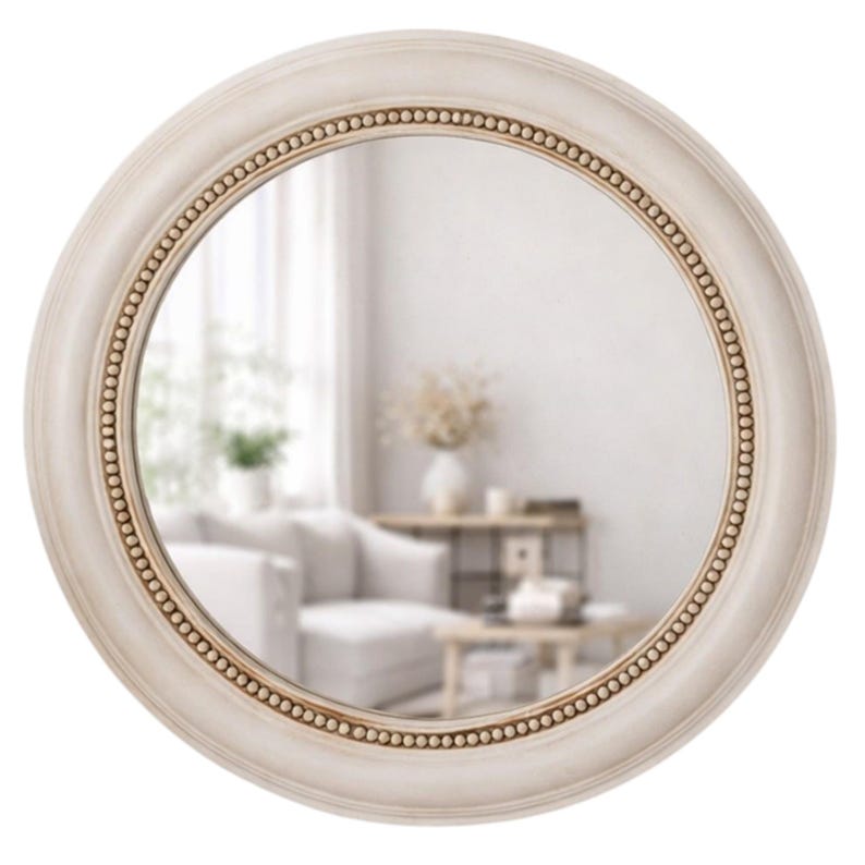 Espelho de parede redondo em resina com detalhes em vison e contas: Espelho decorativo de luxo em resina. Pearl